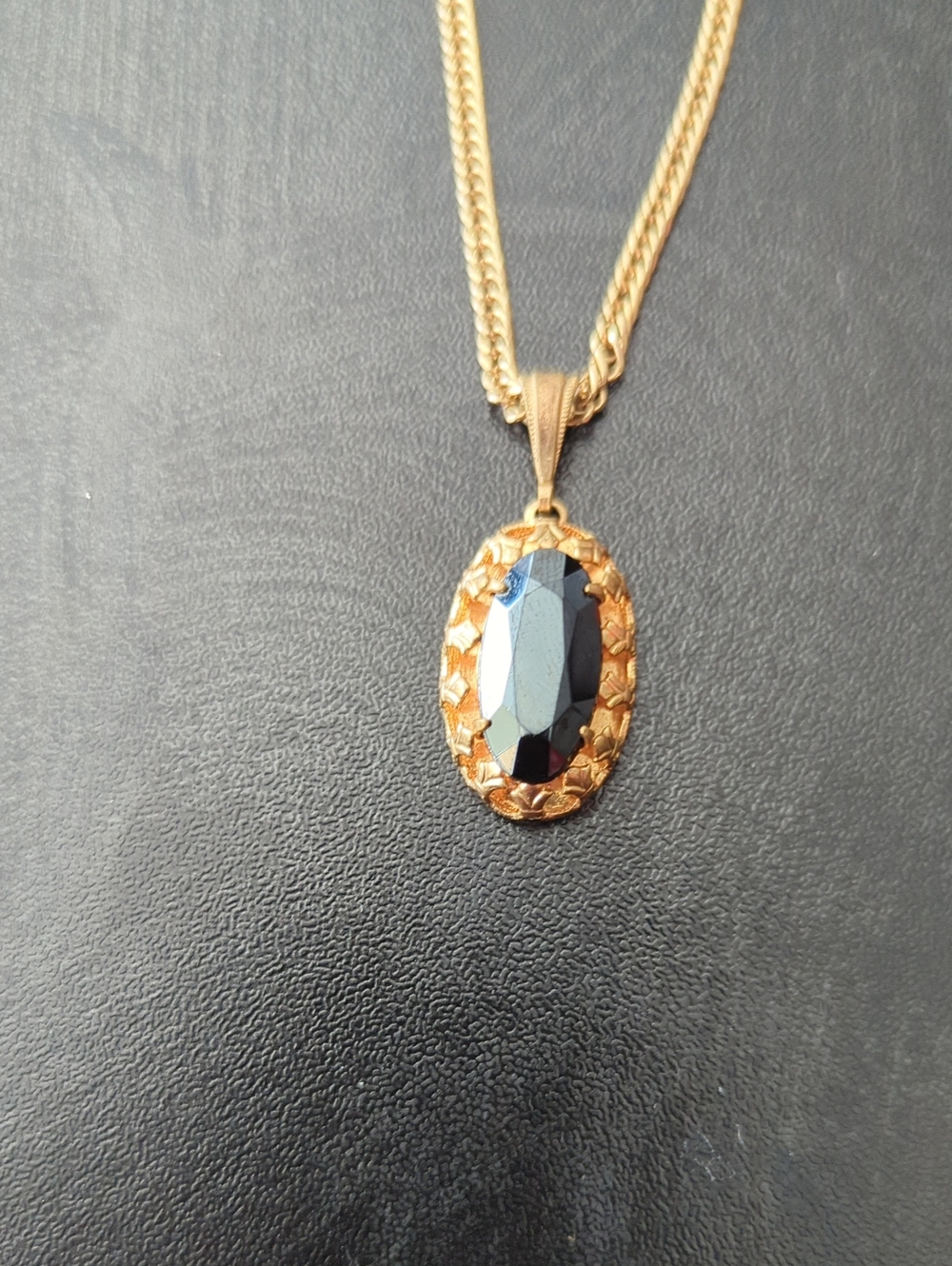 Vintage 1940s Hematite Pendant And Goldtone Chain.
